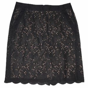 LOFT Black Eyelet Lined Skirt Size 4 Petite Scallop Hem Cotton 4P